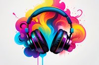 Professional black headphones on vibrant rainbow watercolor splash background with dynamic flowing colors and abstract paint elements. Great for music promotion.