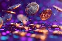 Golden cryptocurrency coins floating against purple bokeh background with glowing particles for financial technology concept.