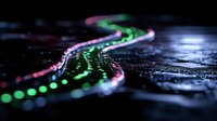 Digital circuit board with glowing green and pink LED lights creating futuristic technology pathways on dark electronic hardware surface for tech concepts.