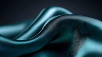 Luxurious emerald green silk fabric with soft waves and folds creating elegant curves against dark background, smooth satin texture with subtle sheen and shadows.