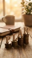 Wooden letters spelling PLAN on stacked coins showing financial planning growth with books and coffee cup on rustic wooden table for business strategy concepts.