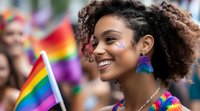 Young African American woman with natural curly hair smiling at Pride parade, wearing rainbow accessories and colorful face paint, holding Pride flag against blurred festive background.