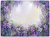 Watercolor wisteria flowers frame with purple blooms and green leaves creating decorative border on soft lavender background for spring designs.