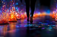 Silhouette of feet walking on reflective surface amid colorful bokeh lights creating magical atmosphere. Vibrant orange and blue illumination creates dreamy nighttime scene.