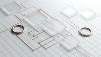 Architectural blueprints with transparent acrylic samples and metal rings on grid paper for construction planning and material selection projects.