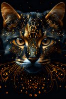 Mystical cat face with glowing golden eyes and magical sparkles, decorated with ornate swirling patterns against dark background. Fantasy feline portrait with ethereal details.