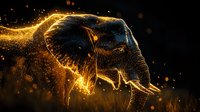 Majestic elephant silhouette illuminated by glowing golden particles and light trails against dark background, creating magical wildlife art effect for nature designs.