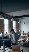 Modern coworking space with diverse professionals collaborating in industrial loft office with exposed brick walls and pendant lighting for business concepts.
