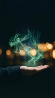 Hand holding glowing green digital data streams with binary code and smoke effects against dark background with bokeh lights for tech concepts.