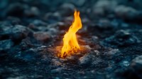 Bright orange flame emerging from dark rocky ground creates dramatic contrast. Natural gas fire vent burns intensely against moody evening atmosphere.