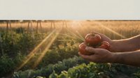 Farmer hands holding fresh ripe tomatoes at sunset in organic vegetable garden with golden light streaming through greenhouse rows during harvest season.