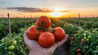 Fresh ripe red tomatoes in farmer hand at sunset in agricultural field with green plants and golden sky background for organic farming concept.