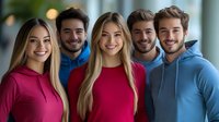 Group of young diverse friends wearing colorful hooded sweatshirts smiling at camera. Casual lifestyle portrait showing happiness and togetherness.