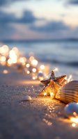 Starfish and seashells on sandy beach at sunset with glowing fairy lights creating magical bokeh effect against blurred ocean waves and dusky sky.