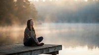 Young Asian woman meditating peacefully on wooden dock at misty lake during golden hour sunrise, practicing mindfulness and wellness in serene nature setting.