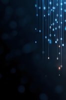 Glowing binary code streams falling on dark background with bokeh effect, representing digital data flow and technology advancement in modern computing.