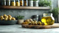 Fresh green olives and golden olive oil jar on wooden cutting board in modern kitchen setting with herbs and spices creating culinary cooking atmosphere.