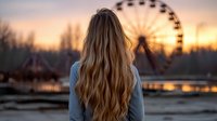Young woman with long wavy blonde hair looking at ferris wheel silhouette during golden sunset, wearing casual sweater, back view, atmospheric amusement park scene.