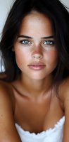 Close-up portrait of young woman with striking blue eyes, natural freckles, and dark hair wearing white top. Natural beauty and skincare concept.