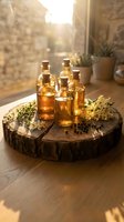 Amber glass bottles with cork stoppers filled with golden oil on rustic wood slice with dried herbs in warm sunlight for natural skincare and aromatherapy.