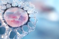 Macro photography of virus cell structure with pink core and crystalline surface against soft blue background, scientific visualization for medical research and education.