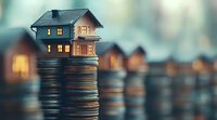 Miniature house model placed on stack of coins against blurred background of similar arrangements, representing real estate investment and property market growth.