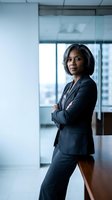 Confident African American businesswoman in dark suit with crossed arms standing in modern corporate office with glass walls and city view.