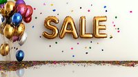 Metallic gold SALE balloon text with colorful party balloons and scattered confetti on white background, festive retail promotion celebration setup.