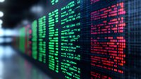 Digital stock market data display showing real-time trading numbers in green and red on electronic board, financial market statistics and price changes.