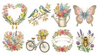 Watercolor spring floral wreath, birds, watering can, butterfly, bicycle with flowers, and bee isolated on white background. Perfect for greeting cards, invitations, and design projects.