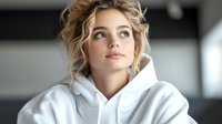 Young Caucasian woman with blonde messy updo hairstyle wearing white hoodie looking up dreamily against blurred background. Natural makeup and soft lighting create serene mood.