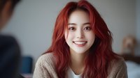 Young Asian woman with vibrant red hair smiling warmly while wearing casual brown sweater, natural makeup and bright expression against soft blurred background.