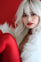 Young Asian woman with platinum blonde hair and red lips wearing white fur coat against red background for fashion and beauty concepts.