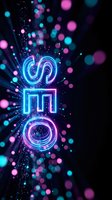 Glowing neon SEO letters with electric blue and pink light effects, bokeh particles and energy rays on dark background for digital marketing concepts.