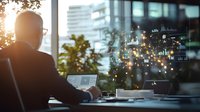 Businessman analyzing digital financial charts and graphs on laptop with glowing data visualization overlay during sunset in modern office space.