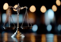 Decorative scales of justice on wooden surface with blurred bokeh background, symbol of law and legal system, metallic antique balance scale.