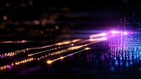 Glowing digital lines and particles flow into futuristic data grid structure with purple and orange light trails against dark background, representing network connectivity.