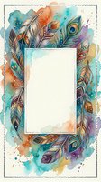 Watercolor boho feathers frame with teal, orange and purple tones, decorative border with empty space for text, greeting card or invitation design.