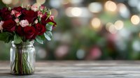 Fresh red and pink roses arranged in glass mason jar on wooden table with soft bokeh background, romantic floral composition for celebrations and decor.