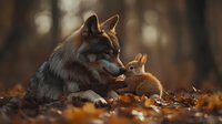 Wild gray wolf gently nuzzling small orange fox kit in autumn forest setting with fallen leaves creating warm bonding moment between predator and prey species.