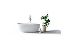 Modern white freestanding bathtub with chrome faucet and decorative green plant in terracotta pot against white background, minimalist bathroom interior design.