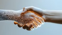 Human hand shaking robotic hand with circuit patterns symbolizing AI collaboration, technology partnership and digital transformation in business.