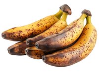Ripe spotted bananas with brown speckles isolated on white background, ready for baking or smoothies.