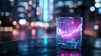 Glowing neon purple cocktail glass with futuristic digital pattern on dark table against blurred city lights background creates cyberpunk atmosphere.