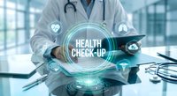 Doctor presenting digital health check-up interface with medical icons and holographic technology in modern hospital setting for healthcare innovation.