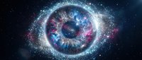 Cosmic eye with galaxy patterns and stardust particles floating in deep space for fantasy and science fiction designs.