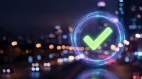 Green checkmark icon with glowing neon circles against blurred city lights bokeh background for approval, success and verification concepts.