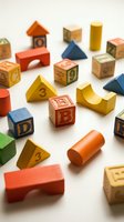 Colorful wooden building blocks and geometric shapes scattered on white background for educational play and learning activities.