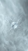 Spherical cell with branching neural pathways and electrical energy pulses, isolated on translucent background for medical, scientific, and educational design applications.