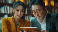 Young Asian woman in yellow blazer and older Asian man with glasses reviewing digital tablet in library setting with bookshelves in background.